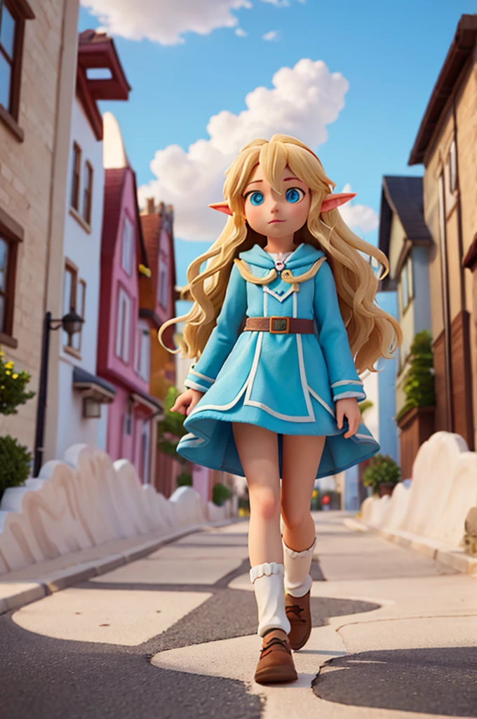 a street with clouds, a road made of clouds, with a long blonde hair elf ears, walked on the street with clouds