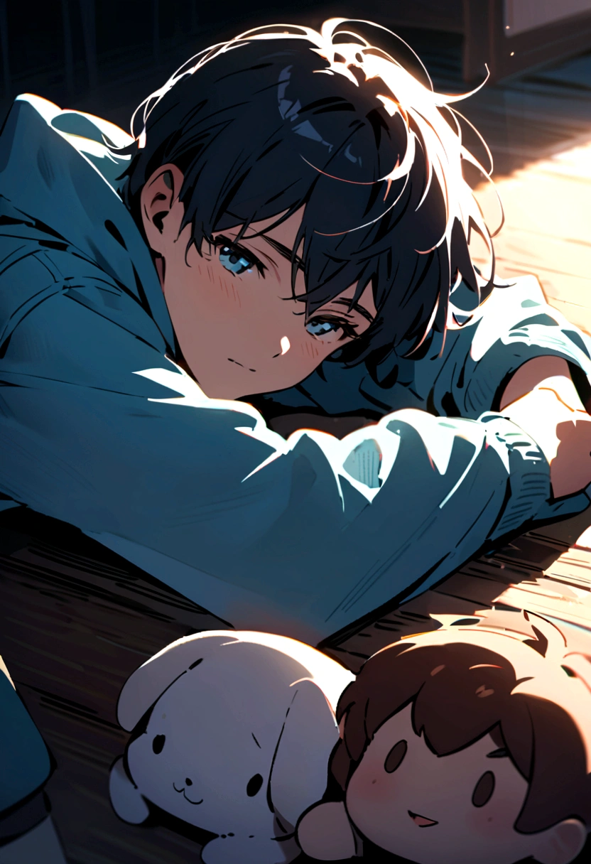 A handsome and cute young boy with a blue hoodie tired as he layed on the floor as if his soul left his body just like in the picture