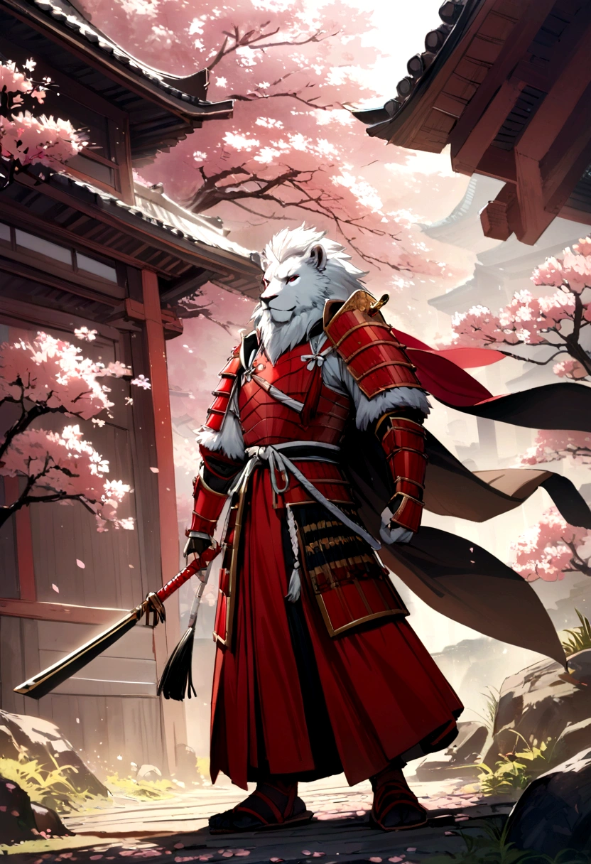 Brave and noble lion samurai warrior,(Whole body white fur), Wearing very detailed red samurai armor, He carries the Sashimono military flag on his back.., Sengoku period,He is holding a black and gold military fan in his hand., Highly detailed background, Cherry blossoms blowing in the wind, A perfect masterpiece, high quality, High resolution