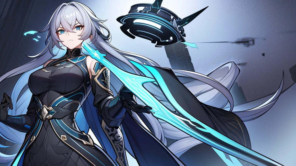 The character belongs to the moolong race and as such has minimal characteristics of her race because she is human and is wearing a detailed and stylized costume. The outfit consists of a long coat in blue-green and black, with silver prints and decorations that give it an ornate appearance. The coat has asymmetrical tails, longer in the back, which adds dynamism to the look. Underneath the coat is a form-fitting black jumpsuit or armor that covers from neck to toe, accentuating the character's shape and providing a stylish contrast. with the elaborate coat. The coat's shoulders are adorned with structured, armor-like pieces, also featuring teal and silver designs, contributing to a regal, battle-ready aesthetic. Belt at the waist, with attached pockets, suggesting practicality amidst elegance. The character's arms are partially covered by detached sleeves or gauntlets that match in color and design with the rest of the costume. Completing the ensemble are over-the-knee boots, seemingly made from sturdy material suitable for combat or travel. They share the same color palette as the rest of the clothing: blue-green details on predominantly black material, with metallic plates that can serve as protection,
oriental clothes, the scene behind her is that of an oriental palace,