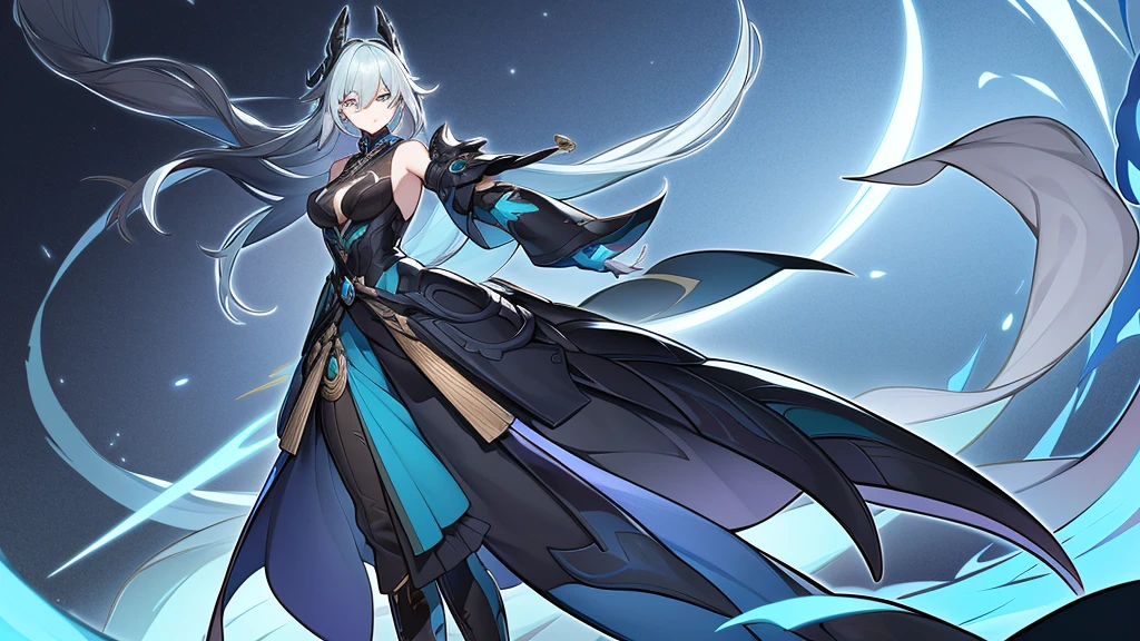 The character belongs to the moolong race and as such has minimal characteristics of her race because she is human and is wearing a detailed and stylized costume. The outfit consists of a long coat in blue-green and black, with silver prints and decorations that give it an ornate appearance. The coat has asymmetrical tails, longer in the back, which adds dynamism to the look. Underneath the coat is a form-fitting black jumpsuit or armor that covers from neck to toe, accentuating the character's shape and providing a stylish contrast. with the elaborate coat. The coat's shoulders are adorned with structured, armor-like pieces, also featuring teal and silver designs, contributing to a regal, battle-ready aesthetic. Belt at the waist, with attached pockets, suggesting practicality amidst elegance. The character's arms are partially covered by detached sleeves or gauntlets that match in color and design with the rest of the costume. Completing the ensemble are over-the-knee boots, seemingly made from sturdy material suitable for combat or travel. They share the same color palette as the rest of the clothing: blue-green details on predominantly black material, with metallic plates that can serve as protection,
oriental clothes, the scene behind her is that of an oriental palace,