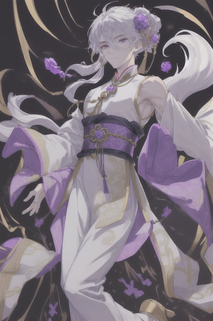 ((masterpiece:1.2, best quality)), 4k, 1boy, his face is oval-shaped with high cheekbones and a firm jaw. His skin is alabaster-white, flawlessly smooth, giving off an elegant and timeless impression. His eyes were a dark violet color. His hair is long, straight, and silver in color with a silky sheen, reaching his back. They are usually left free flowing or half-tied with fox-shaped gold ornaments. Cheng Yi wears a graceful and elegant hanfu, made of the finest silk material. The inside is white with a delicate fox motif in silver threads, while the outside is dark purple with gold embroidery in the shape of a coiled fox tail. The hanfu sleeves are long and wide with embroidered cloud and wind motifs, and the cuffs are decorated with gold lace. A wide gold obi with a purple jewel in the center neatly ties the hanfu together. He wears black shoes with silver ornaments in the shape of fox tails on the tips. A necklace with a fox-shaped pendant made of purple gemstones, and a silver ring with a fox carved on the ring finger of the left hand.
