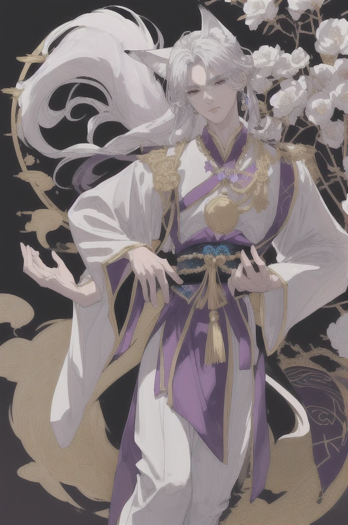 ((masterpiece:1.2, best quality)), 4k, 1boy, his face is oval-shaped with high cheekbones and a firm jaw. His skin is alabaster-white, flawlessly smooth, giving off an elegant and timeless impression. His eyes were a dark violet color. His hair is long, straight, and silver in color with a silky sheen, reaching his back. They are usually left free flowing or half-tied with fox-shaped gold ornaments. Cheng Yi wears a graceful and elegant hanfu, made of the finest silk material. The inside is white with a delicate fox motif in silver threads, while the outside is dark purple with gold embroidery in the shape of a coiled fox tail. The hanfu sleeves are long and wide with embroidered cloud and wind motifs, and the cuffs are decorated with gold lace. A wide gold obi with a purple jewel in the center neatly ties the hanfu together. He wears black shoes with silver ornaments in the shape of fox tails on the tips. A necklace with a fox-shaped pendant made of purple gemstones, and a silver ring with a fox carved on the ring finger of the left hand.