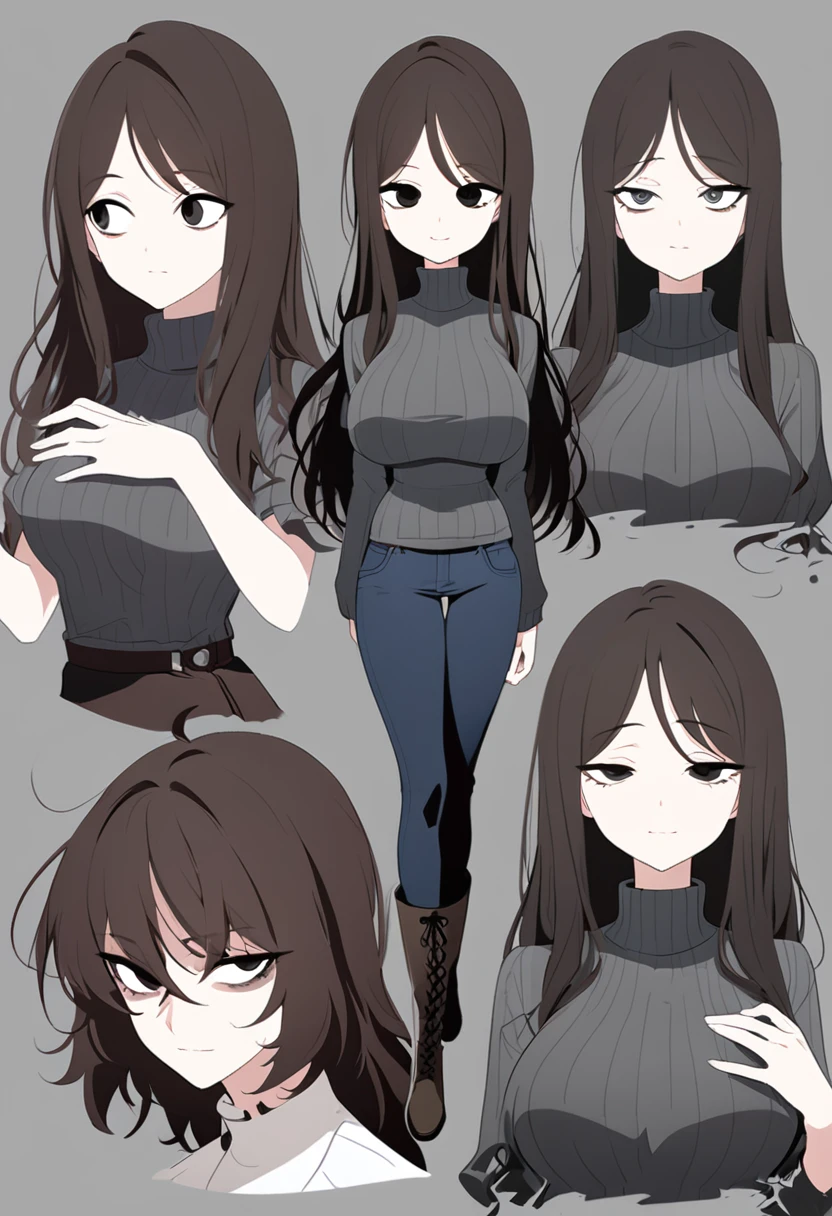 One Woman,Downer,older sister,Concept Art,Dark brown hair,Straight hair with slight inward curls,Staring eyes,Eye Ridge,black eye,Crossed bangs,whole body,smile,Larger breasts,Gray background,Bangs that reach down to the eyes,Messy hair,Tight dark jeans,Gray turtleneck sweater,Multiple views of the same character,Character Design,Dark circles under the eyes,Bad look,Listless,Sloppy,Silver Jewelry,Cafe staff,whole bodyCharacter Design,Detailed hands,Height: 170cm,boots,Multiple facial expressions,
