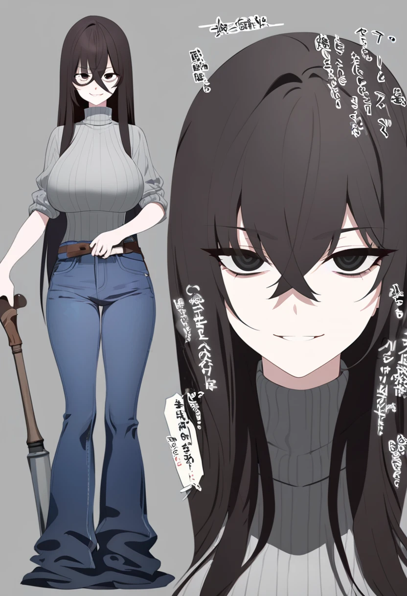 One Woman,Downer,older sister,Concept Art,Dark brown hair,Straight hair with slight inward curls,Staring eyes,Eye Ridge,black eye,Crossed bangs,whole body,smile,Larger breasts,Gray background,Bangs that reach down to the eyes,Messy hair,Tight dark jeans,Gray turtleneck sweater,Multiple views of the same character,Character Design,Dark circles under the eyes,Bad look,Listless,Sloppy,Silver Jewelry,Cafe staff,whole bodyCharacter Design,Detailed hands,Height: 170cm,boots,Multiple facial expressions,