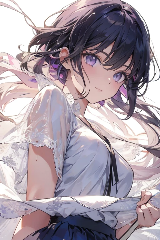 (from below:1.2),(from side:0.9), (Close-Up:0.4), highest quality、(real、photorealistic:1.4)、(RAW photo:1.2)(Curve,Model,glamor:1.5),Beautiful breasts,colour_aberration,beautiful detailed shadow,Beautiful eyes,Beautiful body,Beautiful skin,beautifull hands,(medium_breasts:1.5),1 girl in, purple color  hair、Purplish pink eyes that dreamers desire, (Blonde hair) , small stature, Colossal tits, Lori, (masutepiece:1.2, Best Quality), (finely detailed beautiful eye: 1.2), (beautifull detailed face), (Best Illumination, extremely delicate and beautiful), ((Cinematic Light)), Dramatic light, Short bob hair（1:3）,Ultra Contrast、Braid a little around the ears, clavicle, White long dress、only has 5 fingers,Her pussy is visible through the white thong、Wet pants、You can see inside your underwear、full of sweat、mocking look、diaper、nffsw,Arms crossed、grab the arm、Shoot from below、The angle is as seen from below.、Best Quality、Large breastuscular pussy、Pubic hair,high-level image quality、hightquality、8K,perfect hand、5 fingers、finger pin、Perfect Finger、T back、Naked、noise cut、bullet hand、Her hair color should have been a brighter purple.The skirt part is also carefully expressed..、Purple skirt、the skirt is floating in the wind、Dark purple panties、Pubic hair majority,(with sparkling eyes and a contagious smile),her thin pubic hair, looking at viewer

