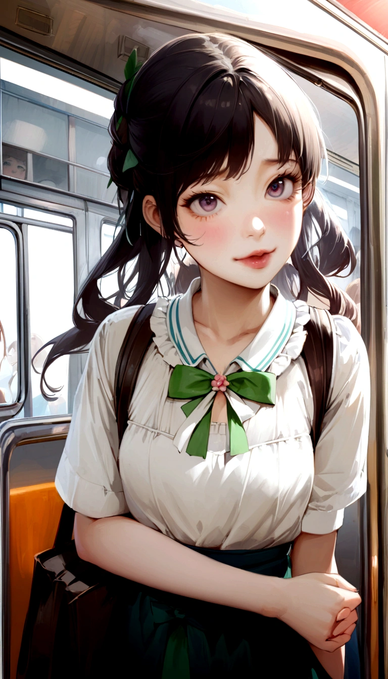 There is a woman standing on the subway train., realistic Young Gravure Idol, a Surreal , Young Gravure Idol, Young and cute gravure idol, Young and sexy gravure idol, Real life anime girls, Portrait of a Japan teenager, Surreal , Young and skinny gravure idol, Korean Girls, Perfect expression, Japanese Girls 