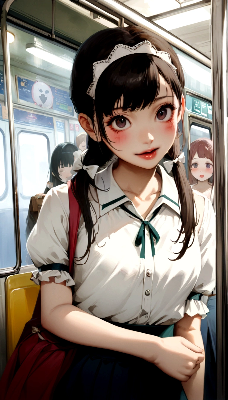 There is a woman standing on the subway train., realistic Young Gravure Idol, a Surreal , Young Gravure Idol, Young and cute gravure idol, Young and sexy gravure idol, Real life anime girls, Portrait of a Japan teenager, Surreal , Young and skinny gravure idol, Korean Girls, Perfect expression, Japanese Girls