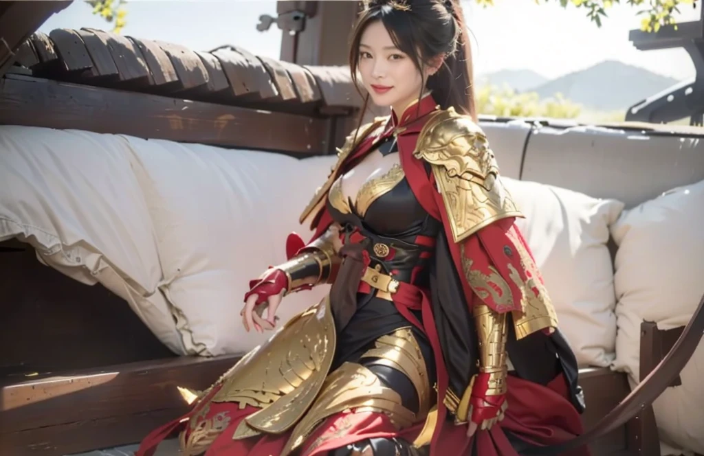 Chinese girl,Finely engraved picture section,Detail the eyes,Crimson cape, metal pauldron,Metal armor,Breasts are full and erect,Gold hairband,majestic,Smile(open mouth)(The corners of the mouth are raised),、(Hair in a bun:1.5),(Hair bun raised high)。wilderness background(grassland background)