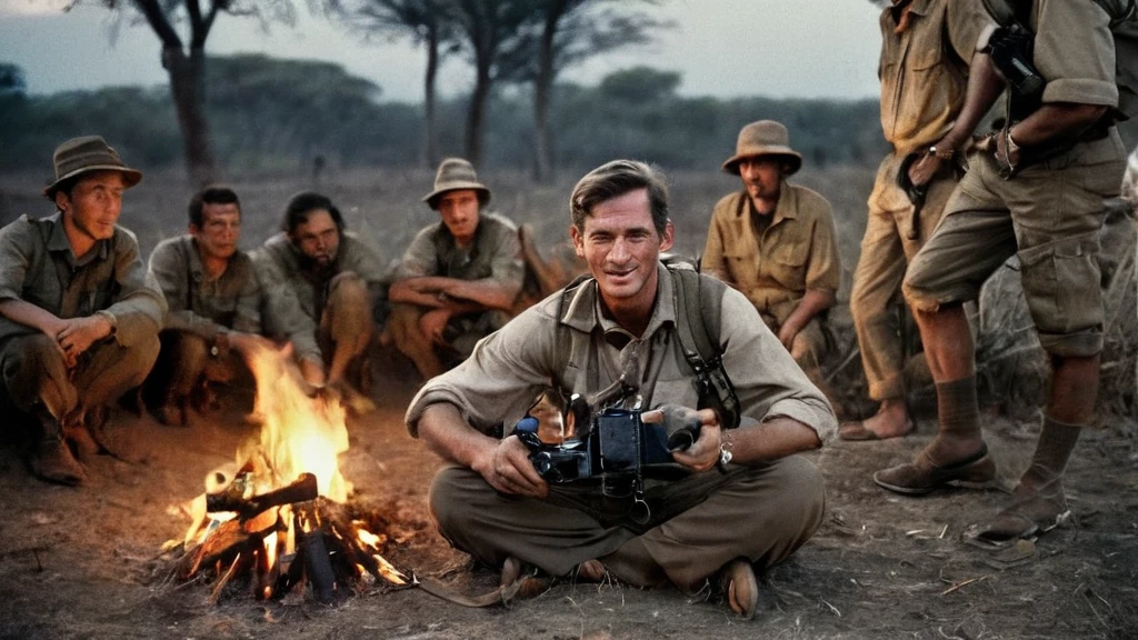 A white male, a war photographer, in a safari clothes, with a camera with a strap hanged on her neck, and a brown army look backpack, sitting on the ground with the guerillas, near a bonfire,1970, high contrast of light and shadow, outdoor lighting, shallow depth of field, cinematic lighting, movie still, film grain, vintage, realistic