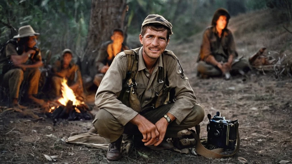 A white male, a war photographer, in a safari clothes, with a camera with a strap hanged on her neck, and a brown army look backpack, sitting on the ground with the guerillas, near a bonfire,1970, high contrast of light and shadow, outdoor lighting, shallow depth of field, cinematic lighting, movie still, film grain, vintage, realistic