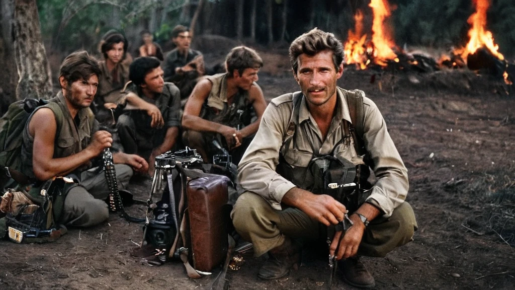 A white male, a war photographer, in a safari clothes, with a camera with a strap hanged on her neck, and a brown army look backpack, sitting on the ground with the guerillas, near a bonfire,1970, high contrast of light and shadow, outdoor lighting, shallow depth of field, cinematic lighting, movie still, film grain, vintage, realistic