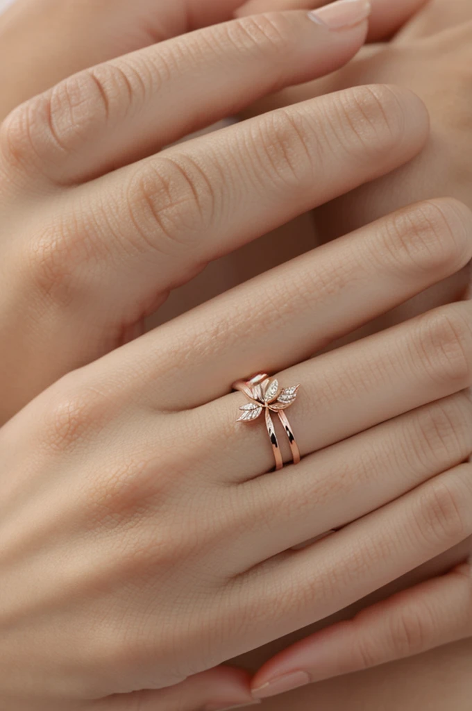 A ring with 3 types of metal in one ring, with a pattern like rose gold leaves and decorated with diamonds.