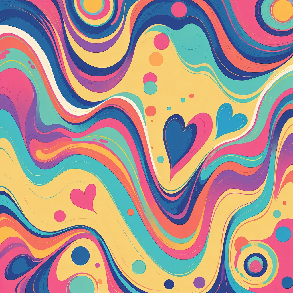 LAM style, Simple Line Initialism,Abstract art,Urban Background, colorful hearts ,No people, dreams