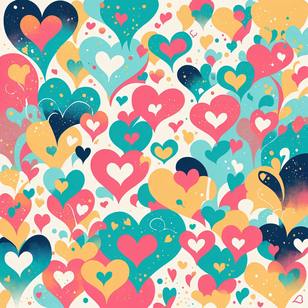 LAM style, Simple Line Initialism,Abstract art,Urban Background, colorful hearts ,No people, dreams