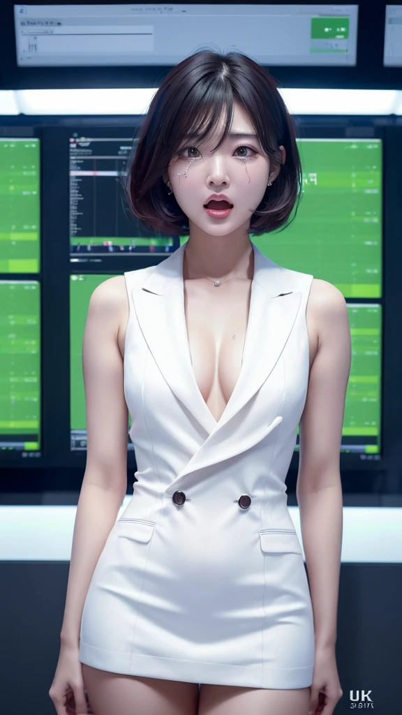(ultra high definition, 8K, ultra high definition: 1.3),(stock market:1.2), Asian woman in her 20s, Beauty, short hair, stock exchange, bankruptcy, stocks fall,(despair:1.2), (scream: 1.3), One puppy, (tear: 1.3), dressed in suit