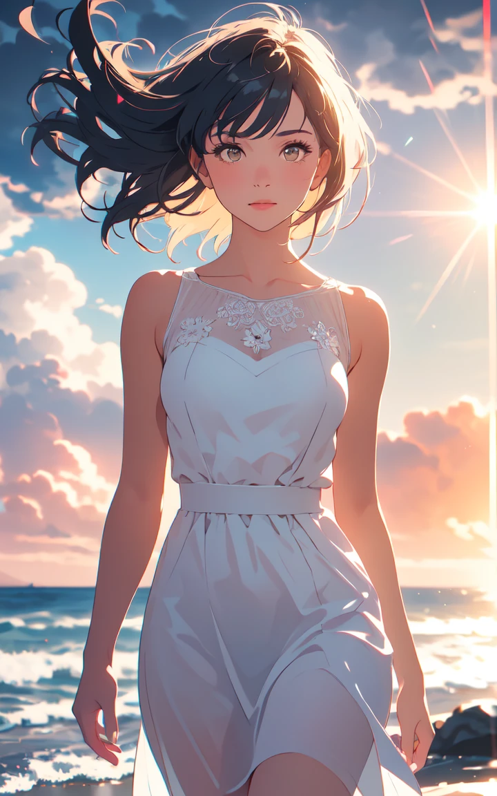beautiful 1woman lex in a white dress blowing in the wind, walking on a stormy beach, dark clouds, (cowboy shot:1.4), realistic, masterpiece, highest quality, backlighting, (lens flare:1.1), (bloom:1.1), (chromatic aberration:1.1)
