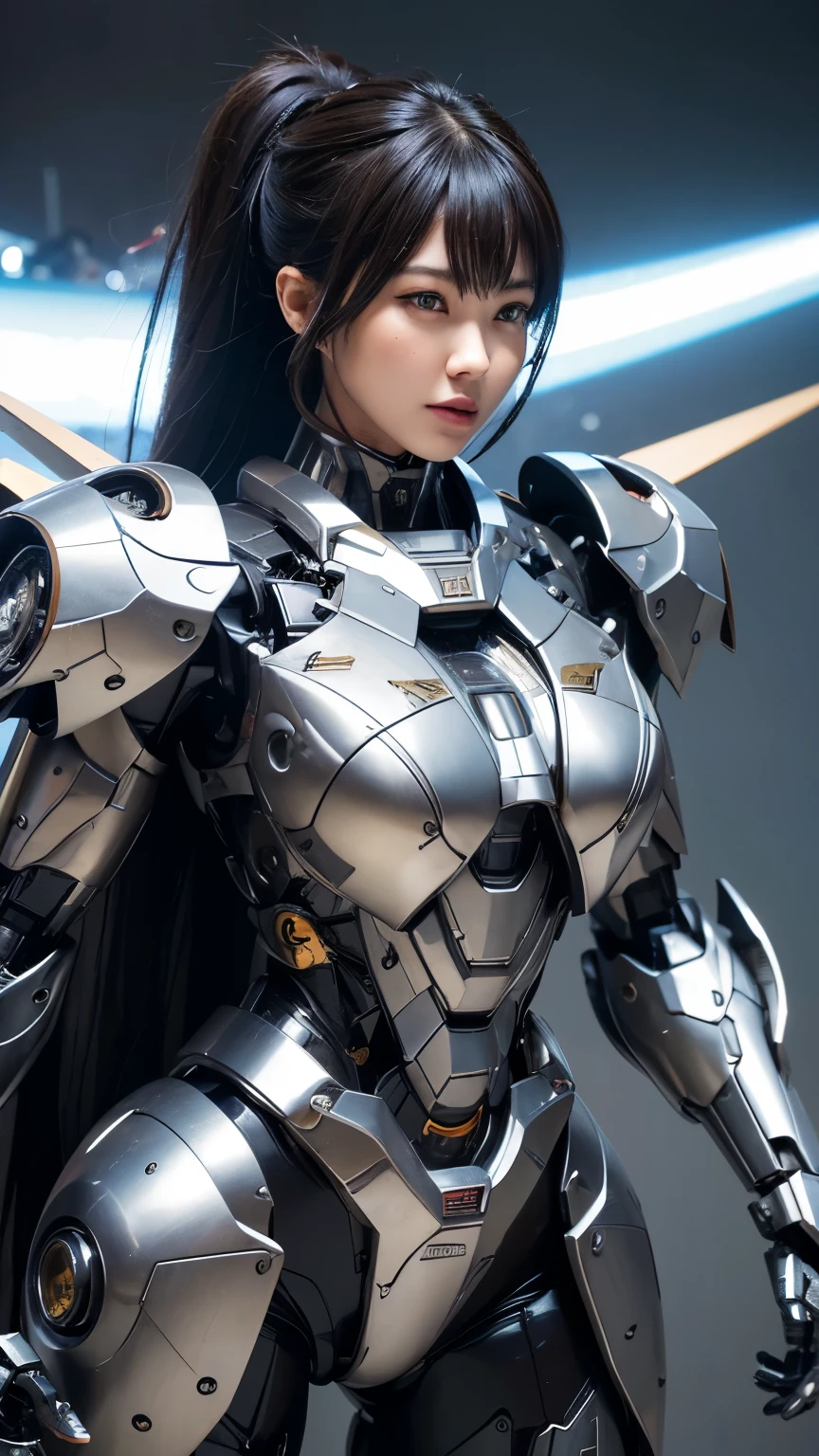 Textured skin, Super Detail, high details, High quality, Best Quality, hight resolution, 1080p, hard disk, Beautiful,(Super Heroine),Oppai Missile,beautiful cyborg woman,Mecha Cyborg Girl,Battle Mode,Girl with a Mecha Body,She wears a battle cyborg mech with a weapon,Fulll body Shot