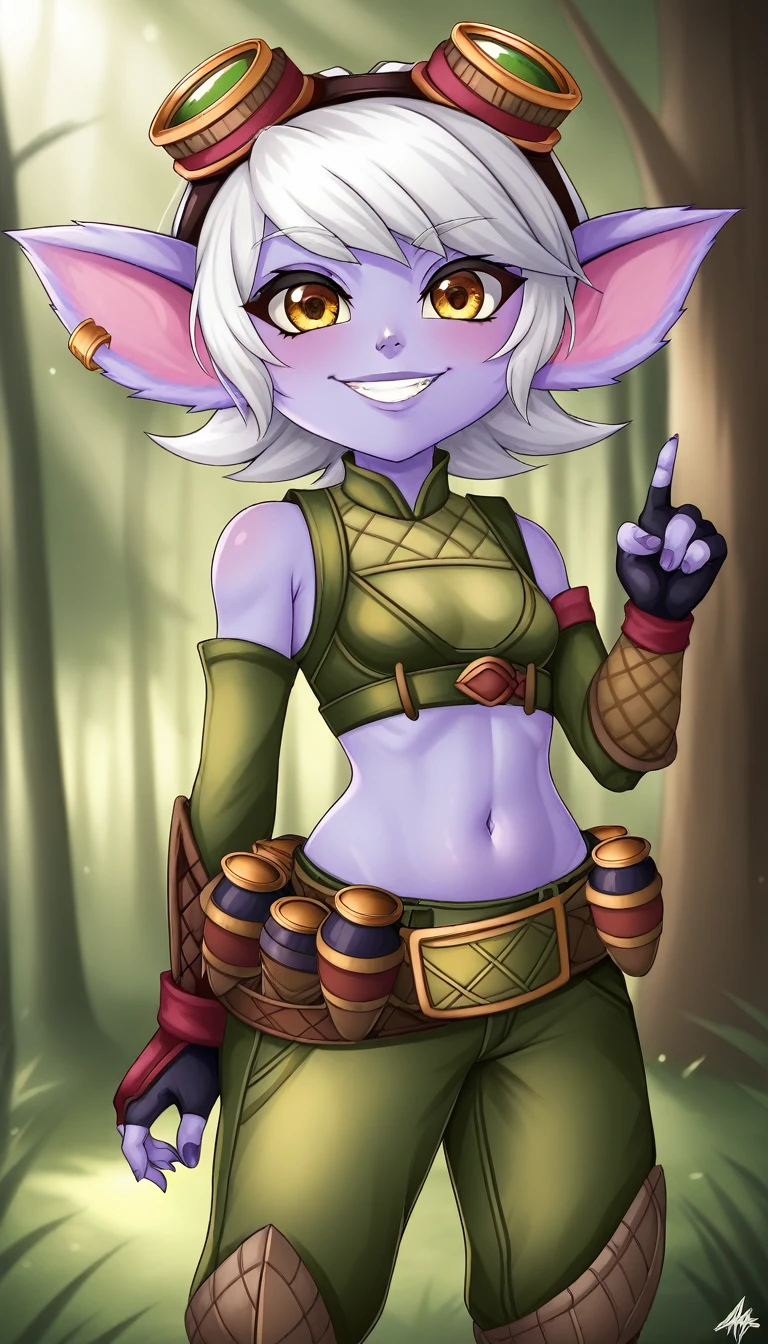 TristanaLoLXL, yordle, yellow eyes, pointy ears, white hair, short hair, earrings, googles on head, purple skin, colored skin. small breasts, green crop top, navel, arm sleeves, gloves, fingerless gloves, elbow gloves, green pants, belt, grenade belt, standing, looking at viewer, forest, tree