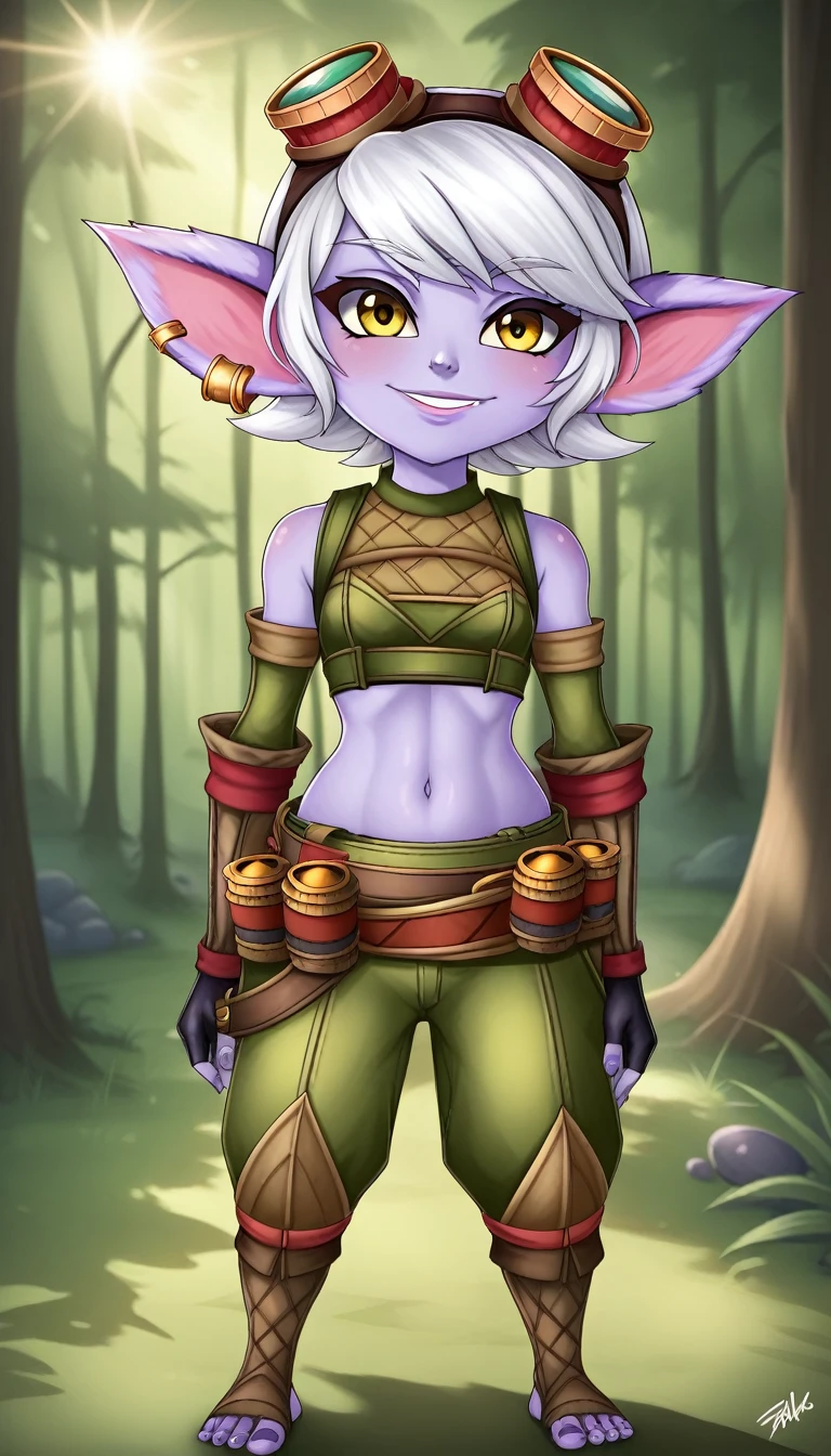 TristanaLoLXL, yordle, yellow eyes, pointy ears, white hair, short hair, earrings, googles on head, purple skin, colored skin. small breasts, green crop top, navel, arm sleeves, gloves, fingerless gloves, elbow gloves, green pants, belt, grenade belt, standing, looking at viewer, forest, tree