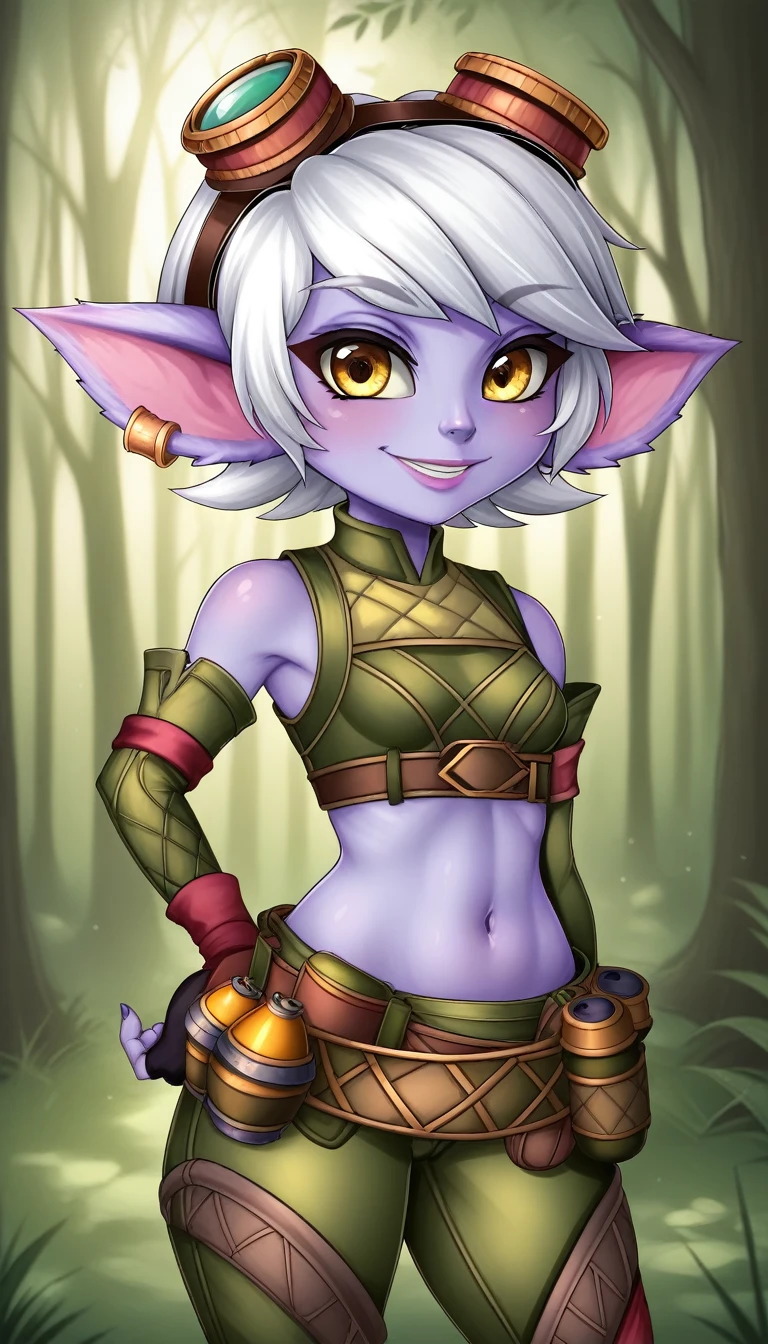 TristanaLoLXL, yordle, yellow eyes, pointy ears, white hair, short hair, earrings, googles on head, purple skin, colored skin. small breasts, green crop top, navel, arm sleeves, gloves, fingerless gloves, elbow gloves, green pants, belt, grenade belt, standing, looking at viewer, forest, tree