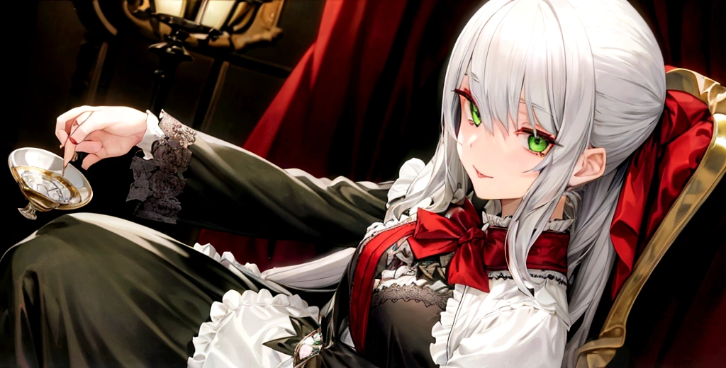 vampire,Silver Haired Girl,1 person,Green Eyes,Sit on a chair,Holding a teacup
