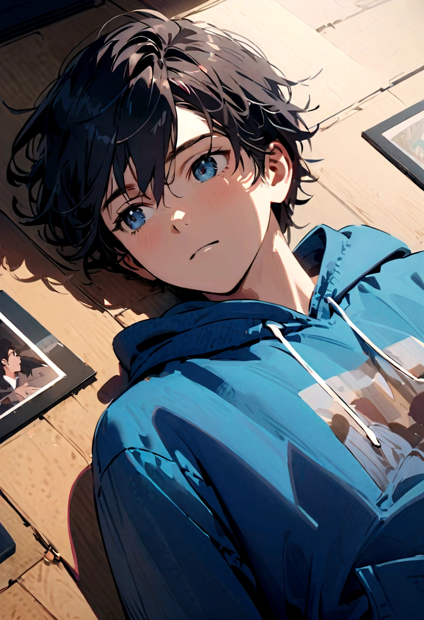 A handsome and cute young boy with a blue hoodie tired as he layed on the floor as if his soul left his body just like in the picture