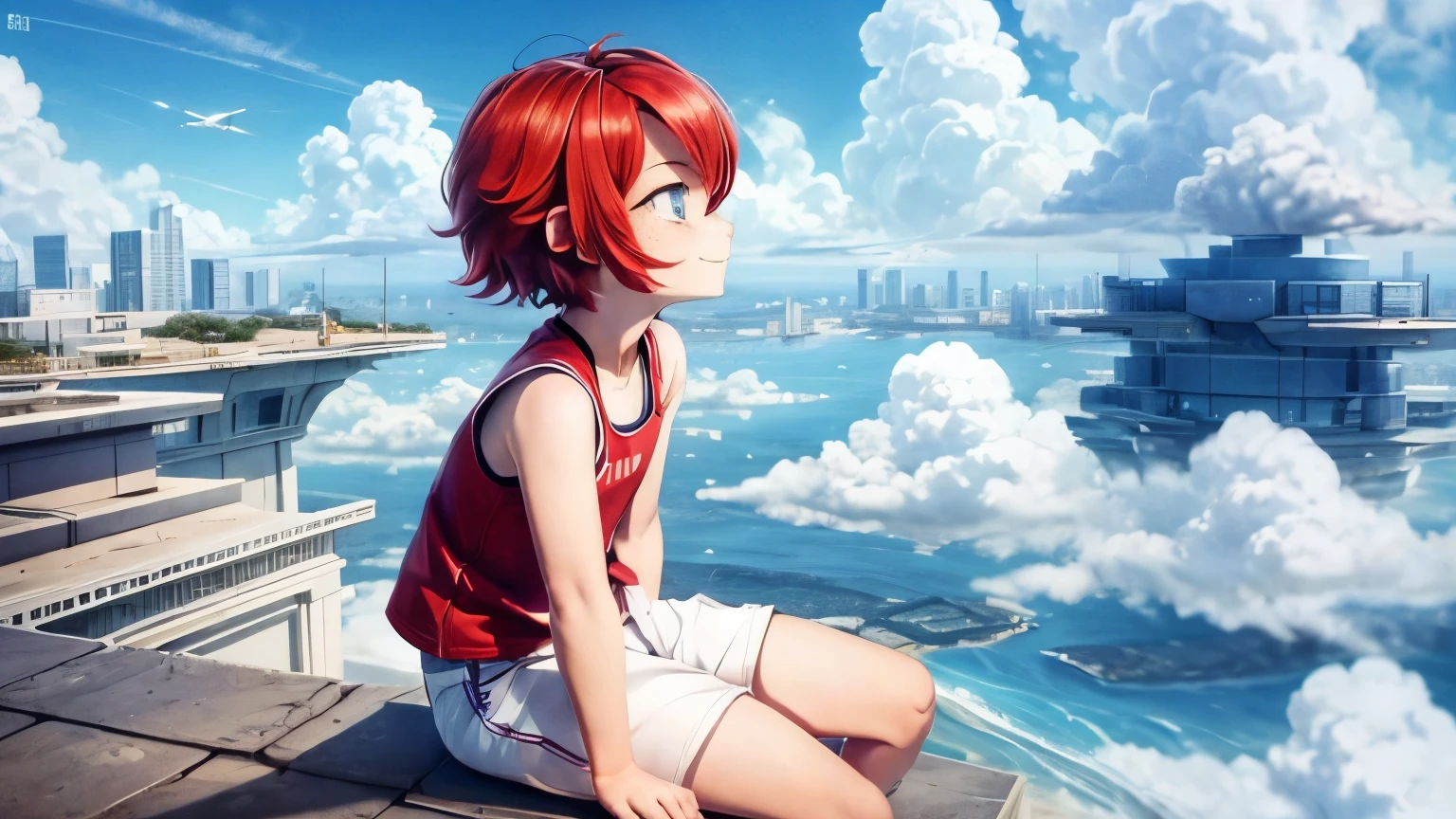 fly in the sky,girl１people,Futuristic Building,fly in the sky,blue sky,Flowing Clouds,Be on the roof,Sitting,profile,Looking up at the sky in the distance,short hair,Shortcuts,Red hair color,blue eyes,11 years old,boyish,アジアpeople,smile,Primary school students,Sunburned skin,Are thin,freckles,White shorts,White tank top,Red jacket,High angle,