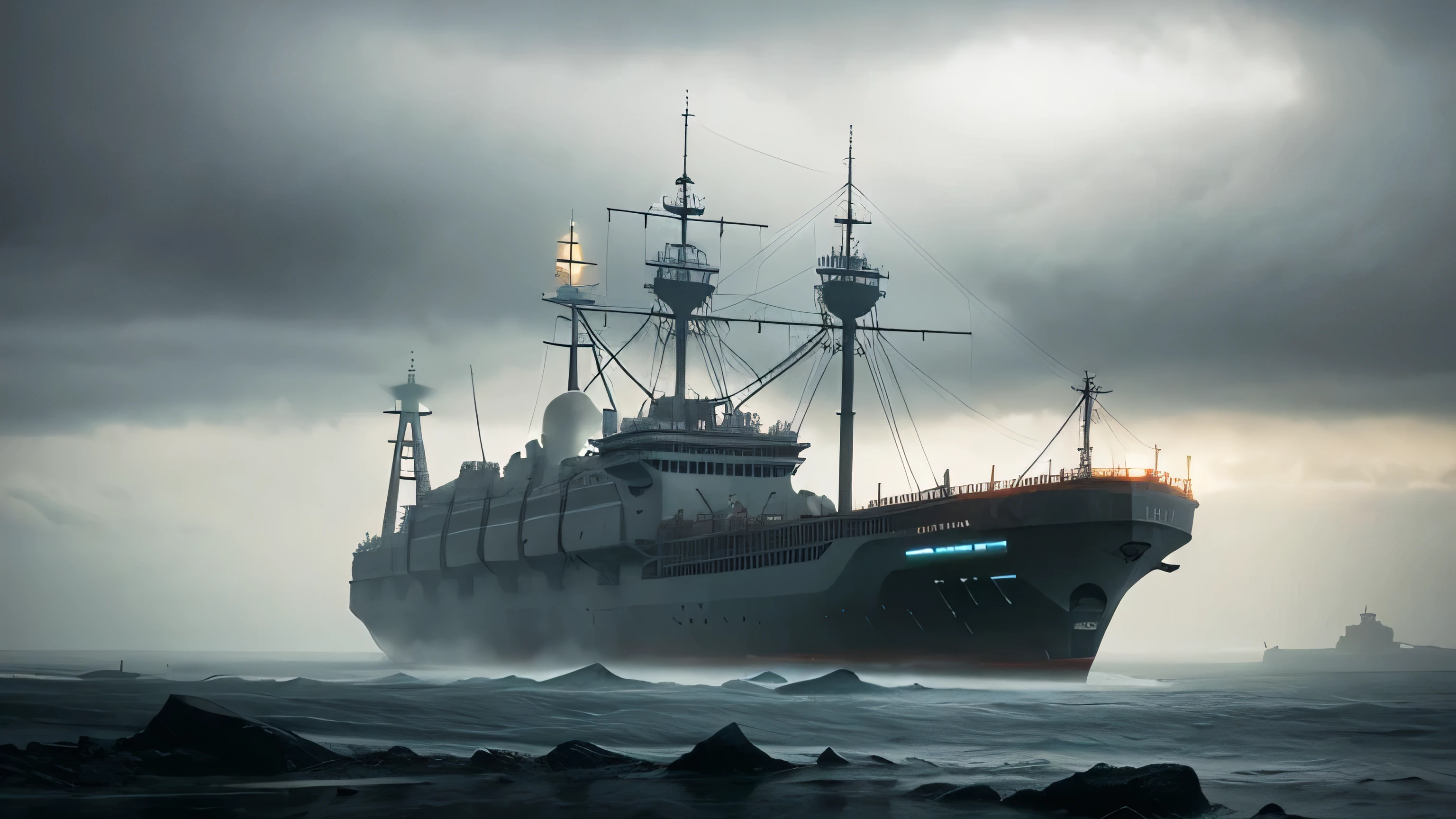 A single futuristic dirty ship in the middle of a dark stormy snowy sci fi ship yard, in the art style of Zdzislaw Beksinski, futuristic retro steam ship, post apocalyptic, emergeing from mist, inspired by Zdzislaw Beksinski, cloudy distopia industrial futuristic ice breaker ship, futuristic port, stunning sci-fi concept art, mystical sci-fi concept art, highly realistic concept art, research vessel , beautiful 3 d concept art