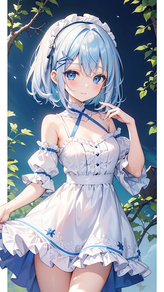 beautiful, masterpiece, Highest quality, anime, One girl, C Cup,Portrait Shot, View your viewers, Covered、Short Hair、nearby、Blue Eyes、art、、White hair,Blue streaked hair、wallpaper、hairpin、Cute smile、Thighs、、Cute、Thin frill dress、