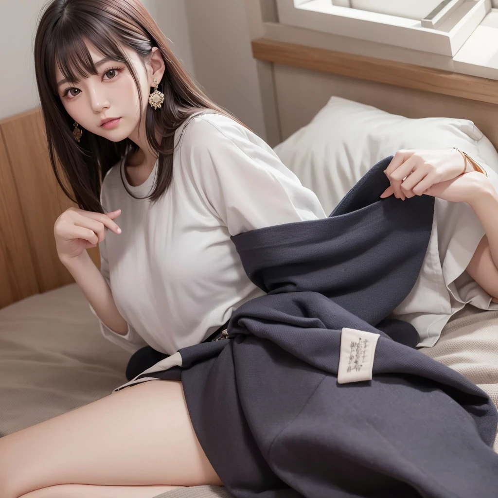 uhd, best quality, 1080P、1080×1920、Beautiful woman posing on the bed、Japanese Goddess、Beautiful curves、むちっとした体 日本model、Cute、清楚な女性 ゴージャスな中国model、model体型、Real、Beauty、uniform、shirt、one piece、Earrings、Gal、Adult women、young、Stylish、Girly Outfit、model