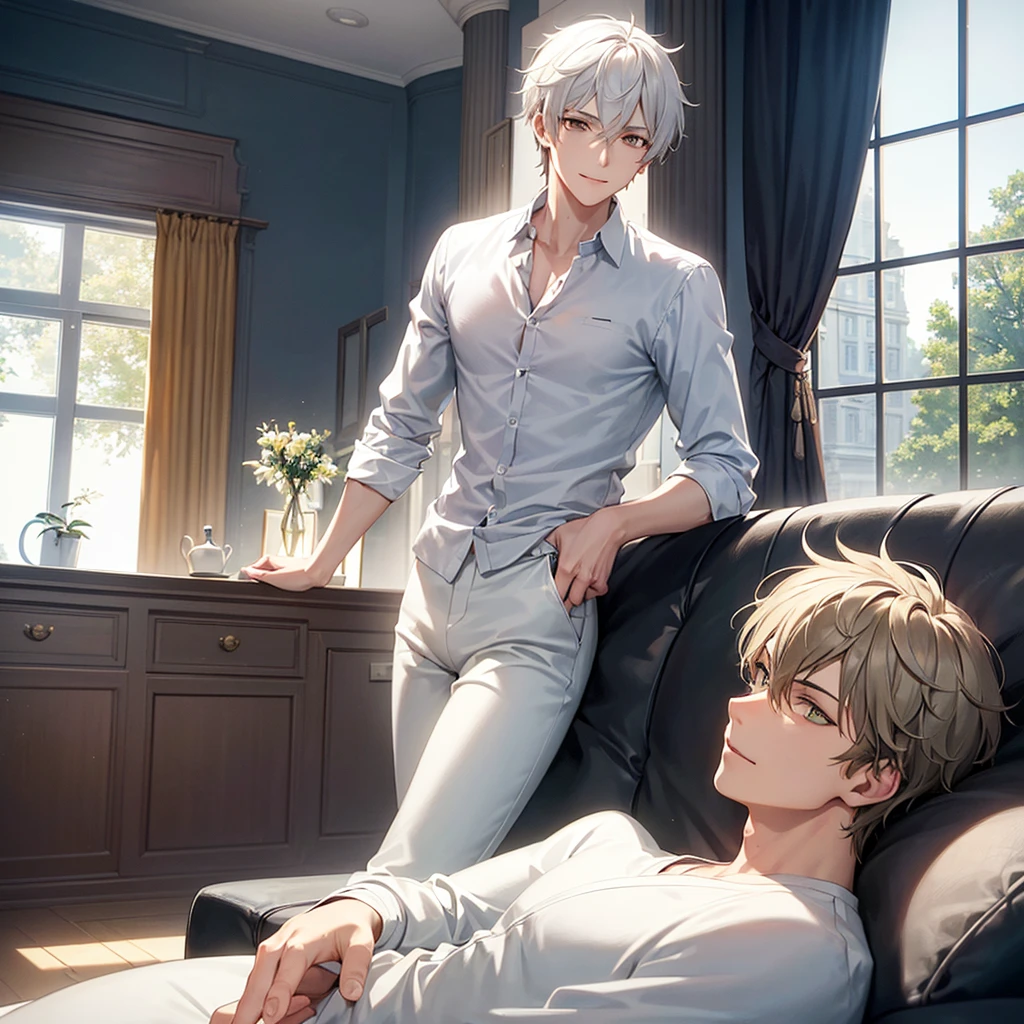 In a modern living room flooded with natural light from open curtains, a young man reclines lazily on a plush sofa. His distinctive features include white hair and piercing yellow eyes. He wears a pristine white shirt paired with comfortable jogging pants, his slim frame relaxed as he holds a detailed smartphone in his hand. A content smile plays on his lips as he gazes thoughtfully at the screen.
The scene is a masterpiece of meticulous detail and top-quality animation, emphasizing the male character's relaxed demeanor and expressive eyes. The modern decor of the room, with its carefully selected furnishings and contemporary design elements, enhances the overall ambiance of the setting.
