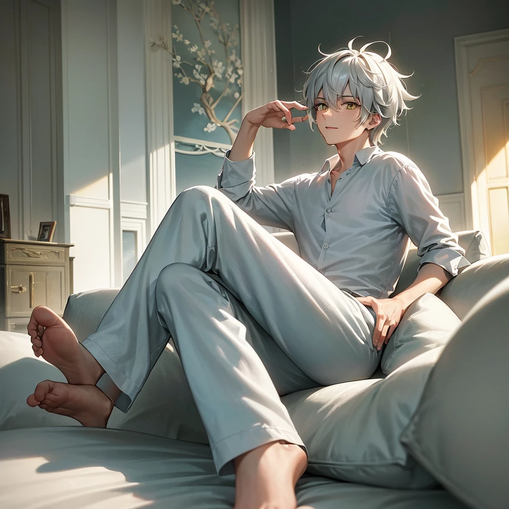 In a modern living room flooded with natural light from open curtains, a young man reclines lazily on a plush sofa. His distinctive features include white hair and piercing yellow eyes. He wears a pristine white shirt paired with comfortable jogging pants, his slim frame relaxed as he holds a detailed smartphone in his hand. A content smile plays on his lips as he gazes thoughtfully at the screen.

The scene is a masterpiece of meticulous detail and top-quality animation, emphasizing the male character's relaxed demeanor and expressive eyes. The modern decor of the room, with its carefully selected furnishings and contemporary design elements, enhances the overall ambiance of the setting.