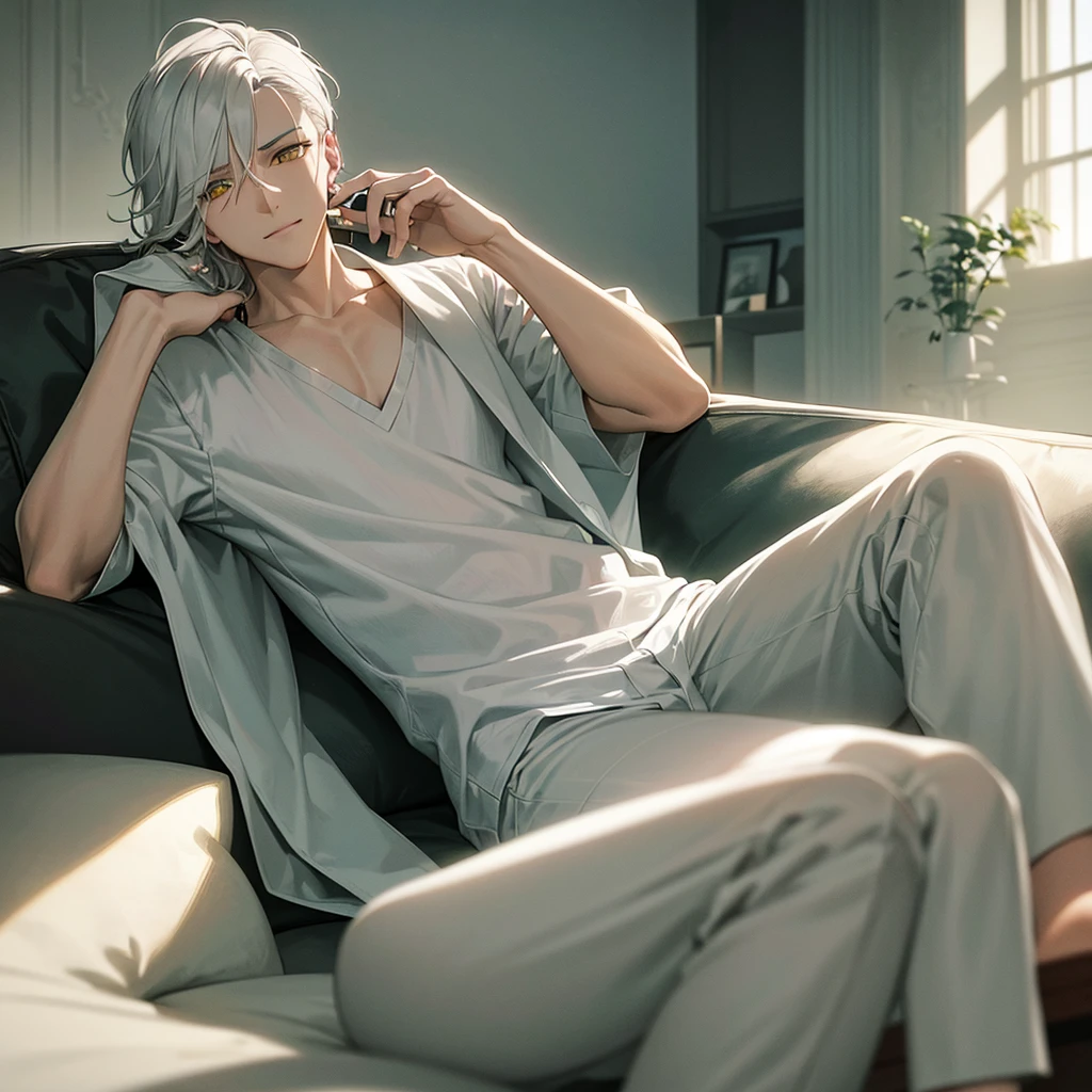 In a modern living room flooded with natural light from open curtains, a young man reclines lazily on a plush sofa. His distinctive features include white hair and piercing yellow eyes. He wears a pristine white shirt paired with comfortable jogging pants, his slim frame relaxed as he holds a detailed smartphone in his hand. A content smile plays on his lips as he gazes thoughtfully at the screen.
The scene is a masterpiece of meticulous detail and top-quality animation, emphasizing the male character's relaxed demeanor and expressive eyes. The modern decor of the room, with its carefully selected furnishings and contemporary design elements, enhances the overall ambiance of the setting.
