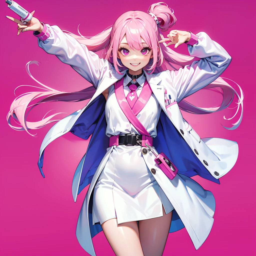 1girl、Dynamic composition、((Perspective Lens, A woman with long white and pink hair, Dynamic pose with a cute smiling face, He is holding a syringe bigger than himself towards the viewer.)) ((Pure Magenta Background:1.2)),Looks like she&#39;s in her early 20s,Shooting in mid-motion,With her long braided hair fluttering. Her outfit is a nurse&#39;s uniform,cleavage surgical nurse,  nurse cap, 、Black and deep pink color palette,And she&#39;s casually throwing money around,Be playful.,Super huge、detailed、Heart Injection、