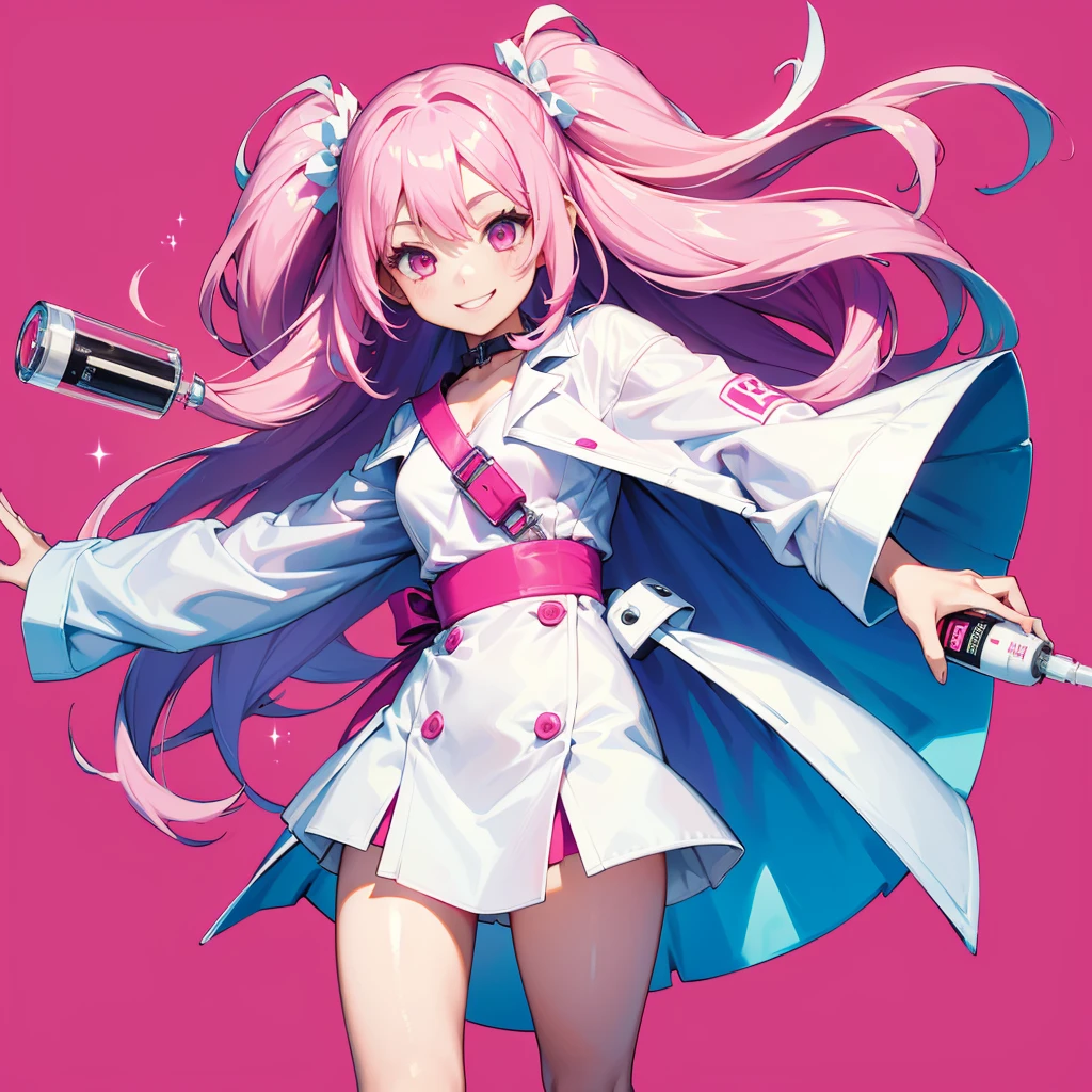 1girl、Dynamic composition、((Perspective Lens, A woman with long white and pink hair, Dynamic pose with a cute smiling face, He is holding a syringe bigger than himself towards the viewer.)) ((Pure Magenta Background:1.2)),Looks like she&#39;s in her early 20s,Shooting in mid-motion,With her long braided hair fluttering. Her outfit is a nurse&#39;s uniform,cleavage surgical nurse,  nurse cap, 、Black and deep pink color palette,And she&#39;s casually throwing money around,Be playful.,Super huge、detailed、Heart Injection、