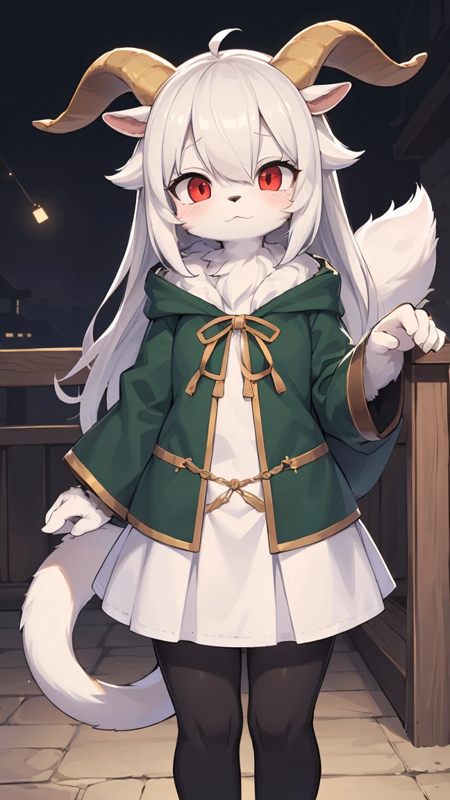 Rori the fox, riding on wolf, was hairy, shaggy, skin fur, smooth lashes, white fur, forelimb hands, straight long white hair, solid circle eyes, ((goat horns)), white facial fur, shiny hair, red eyes, super cute face, 1goat tail, fluffy tail, furry tail, glowing eyes, green cloak, white skirt, standing, sad face, ambient light, ultra-fine fur, dashed eyes, full body, masterpiece, high quality, high-details, best quality, wide short, (((solo)))