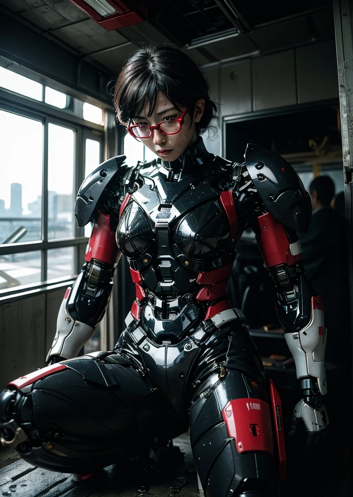 Sober middle-aged woman、Textured skin, Black-rimmed glasses、Very detailed, Attention to detail, high quality, 最high quality, High resolution, 1080P, hard disk, beautiful,(Gundam),beautifulサイボーグ女性,Mecha Cyborg Girl Only Red and Black,Battle Mode,Girl with a mechanical body,She wears a futuristic Gundam mecha,Full Body Shot、cute、Sweaty face、Painful expression、Appearance damage、、Humidity、Soaking wet、composition、Please raise your hand、Water leaking from the crotch、Lying in bed