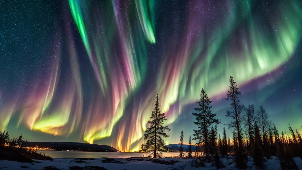 wonderfull stary pink and green sky with Aurora borealis in norway snowy forest,