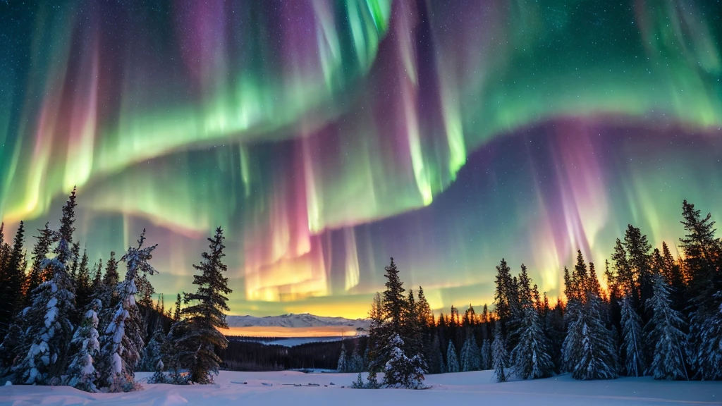 wonderfull stary pink and green sky with Aurora borealis in norway snowy forest,