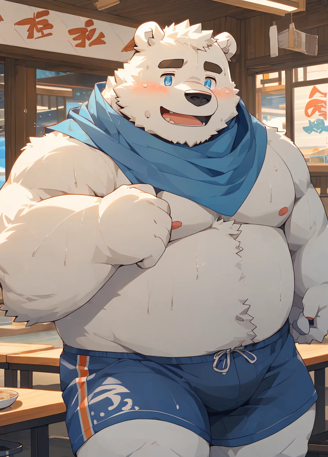 (masterpiece),(Very detailed),(best quality),hairy,Adult polar bear,White fur,Chubby body,Blue pupils,(In front of a ramen shop by the sea),((Blue scarf)),(Wearing shorts),(Wiping the sweat from the forehead with one hand),(blush:1.1),(Silly Smile),((Cute expression)),(high quality),(Ultra HD),(Extremely detailed)