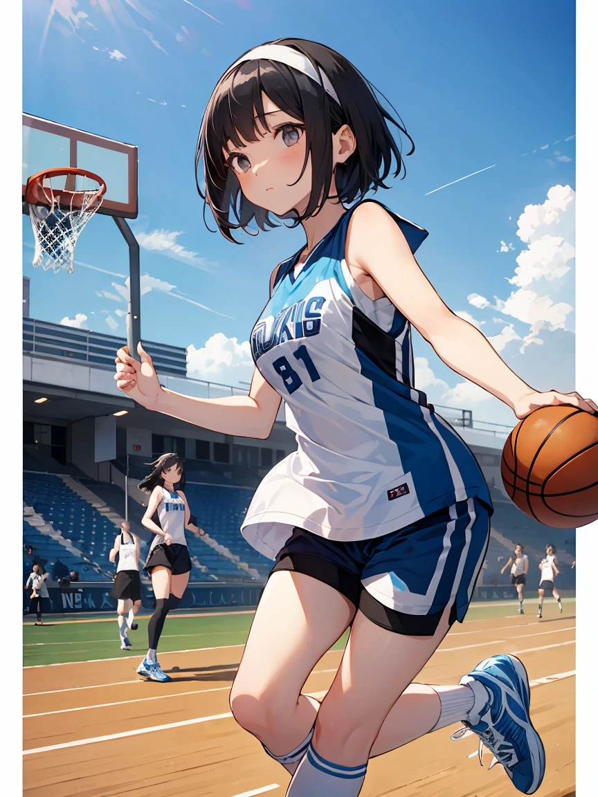 in a girl、funny、dress,(small breasts ) , short black hair, black eyes,basketball training, blue sleeveless t-shirt with the number 11 on the chest and back, Matching shorts with a white line design on the sides, white sports shoes with blue details, white knee high socks, white headband