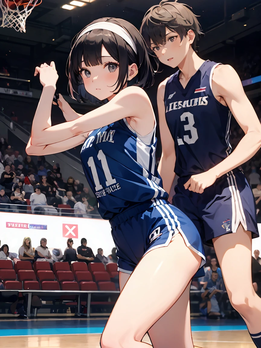 in a girl、funny、dress,(small breasts ) , short black hair, black eyes,basketball training, blue sleeveless t-shirt with the number 11 on the chest and back, Matching shorts with a white line design on the sides, white sports shoes with blue details, white knee high socks, white headband
