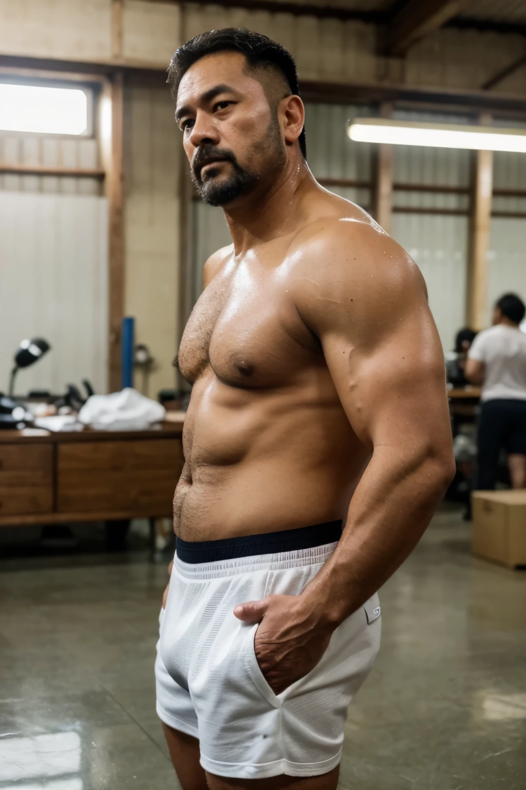 A wild plump east japanese uncle man, (55 years old daddy:1.1), 1boy, Solo, handsome, nerdy, stubbles, Short beard, small eyes, detailed eyes:1.1, big round face shape, (Detailed face:1.3), short hair, (Best quality, A high resolution, Photorealistic), Masterpiece, in the factory, RAW photo, Intricate details, hdr, depth of field, full body shot, macho, hunk, sweat buckets, manliness,sport short, muscular, bulge