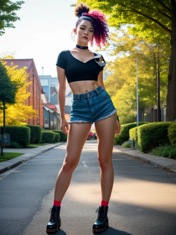 A front and back full body view of a female model in a punk-inspired outfit. The girl is depicted in a playful and vibrant manner, similar to the style shown in the reference image. 

She wears High-waisted shorts with a crop top, choker, and Doc Martens. 

Her hair is styled in edgy punk manner, and she has a friendly and approachable expression. The front view shows her standing confidently, while the back view highlights the details of her outfit and hairstyle. Huge and heavy breast, wide hips. Focus on her breast. The overall design is clean and colorful. 

Solarpunk, scenery, tree, outdoors, day, buildings, hi-tech, trees, plants, flowers, grass. 

Hasselblad Photography, fashion photography, award winning photograph, best quality, masterpiece, highly detailed, perfect face, photorealistic, great cinematic lighting, octane render, ultra-detailed, depth of field, smooth, sharp focus, vibrant colors, detailed shadows, artgerm, trending on artstation, digital painting, by Stanley Artgerm Lau, WLOP, Rossdraws, James Jean, Andrei Riabovitchev, Marc Simonetti, and Sakimichan, official art, unity 8k wallpaper, HDR, 4k, 8k, HD.