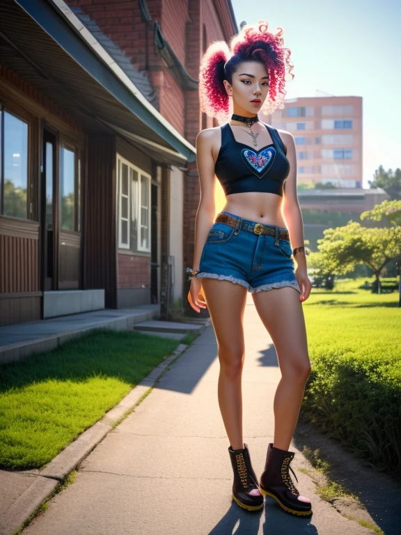 A front and back full body view of a female model in a punk-inspired outfit. The girl is depicted in a playful and vibrant manner, similar to the style shown in the reference image. 

She wears High-waisted shorts with a crop top, choker, and Doc Martens. 

Her hair is styled in edgy punk manner, and she has a friendly and approachable expression. The front view shows her standing confidently, while the back view highlights the details of her outfit and hairstyle. Huge and heavy breast, wide hips. Focus on her breast. The overall design is clean and colorful. 

Solarpunk, scenery, tree, outdoors, day, buildings, hi-tech, trees, plants, flowers, grass. 

Hasselblad Photography, fashion photography, award winning photograph, best quality, masterpiece, highly detailed, perfect face, photorealistic, great cinematic lighting, octane render, ultra-detailed, depth of field, smooth, sharp focus, vibrant colors, detailed shadows, artgerm, trending on artstation, digital painting, by Stanley Artgerm Lau, WLOP, Rossdraws, James Jean, Andrei Riabovitchev, Marc Simonetti, and Sakimichan, official art, unity 8k wallpaper, HDR, 4k, 8k, HD.