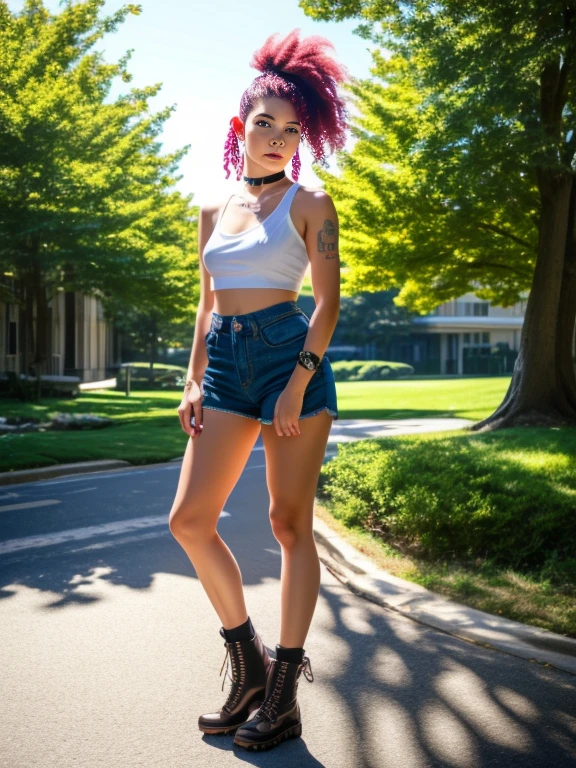 A front and back full body view of a female model in a punk-inspired outfit. The girl is depicted in a playful and vibrant manner, similar to the style shown in the reference image. 

She wears High-waisted shorts with a crop top, choker, and Doc Martens. 

Her hair is styled in edgy punk manner, and she has a friendly and approachable expression. The front view shows her standing confidently, while the back view highlights the details of her outfit and hairstyle. Huge and heavy breast, wide hips. Focus on her breast. The overall design is clean and colorful. 

Solarpunk, scenery, tree, outdoors, day, buildings, hi-tech, trees, plants, flowers, grass. 

Hasselblad Photography, fashion photography, award winning photograph, best quality, masterpiece, highly detailed, perfect face, photorealistic, great cinematic lighting, octane render, ultra-detailed, depth of field, smooth, sharp focus, vibrant colors, detailed shadows, artgerm, trending on artstation, digital painting, by Stanley Artgerm Lau, WLOP, Rossdraws, James Jean, Andrei Riabovitchev, Marc Simonetti, and Sakimichan, official art, unity 8k wallpaper, HDR, 4k, 8k, HD.