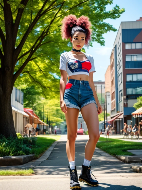 A front and back full body view of a female model in a punk-inspired outfit. The girl is depicted in a playful and vibrant manner, similar to the style shown in the reference image. 

She wears High-waisted shorts with a crop top, choker, and Doc Martens. 

Her hair is styled in edgy punk manner, and she has a friendly and approachable expression. The front view shows her standing confidently, while the back view highlights the details of her outfit and hairstyle. Huge and heavy breast, wide hips. Focus on her breast. The overall design is clean and colorful. 

Solarpunk, scenery, tree, outdoors, day, buildings, hi-tech, trees, plants, flowers, grass. 

Hasselblad Photography, fashion photography, award winning photograph, best quality, masterpiece, highly detailed, perfect face, photorealistic, great cinematic lighting, octane render, ultra-detailed, depth of field, smooth, sharp focus, vibrant colors, detailed shadows, artgerm, trending on artstation, digital painting, by Stanley Artgerm Lau, WLOP, Rossdraws, James Jean, Andrei Riabovitchev, Marc Simonetti, and Sakimichan, official art, unity 8k wallpaper, HDR, 4k, 8k, HD.