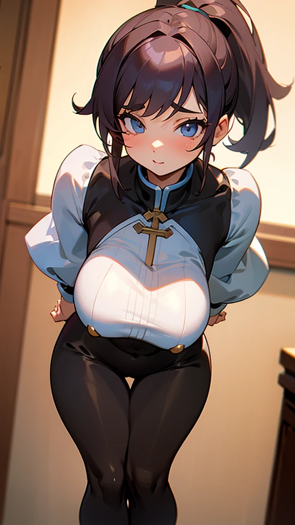Cute big breasted girl bending over Her bust is very large and heavy, but her waist is very thin.
