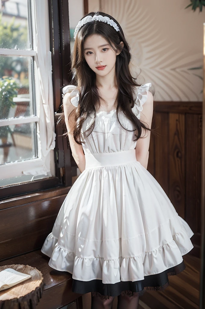 (((best quality))),(((ultra detailed))),(((masterpiece))),illustration,1girl,maid cafe,stunningly beautiful,slim,medium straight bob hair,flat chest,deep captivating eyes,maid costume,lace apron,bare arms,arms behind back,slender legs,pantyhose,graceful movements,confident charm,warm genuine smile,France cafe,sliding paper doors,delicious coffee pastries,warm inviting atmosphere,joyful eyes,Coffee Machine,upper body